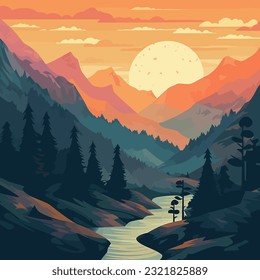 Sunset in the mountains and river landscape scene