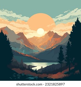 Atardecer en las montañas y paisaje del río