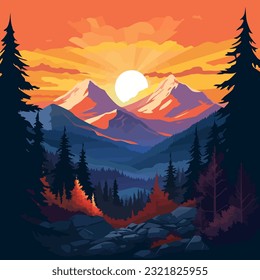 Atardecer en las montañas y paisaje del río