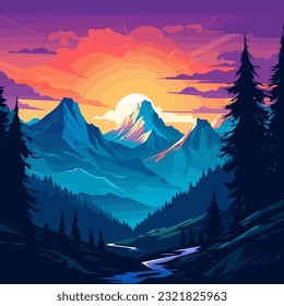 Sunset in the mountains and river landscape scene