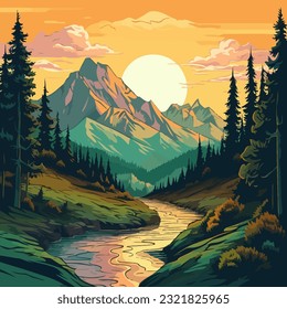 Sunset in the mountains and river landscape scene