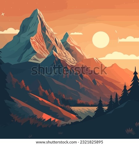 Sunset in the mountains and river landscape scene