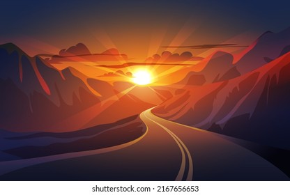 Sunset in mountains with road toward the sunset nature background