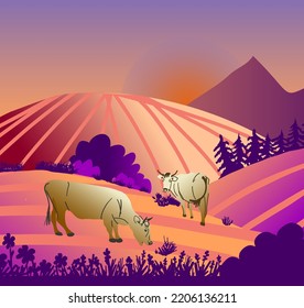 Sunset in the mountains. Romantic landscape with cows in the style of a drawn flat vector. Square composition. For labels, postcards, posters, wallpapers, banners, design and decor