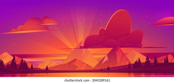 Sunset in mountains scenery landscape, nature view. Beautiful pink or purple cloudy sky and dusk sun rays shining behind of rock peak over water pond and field, cartoon background, vector illustration