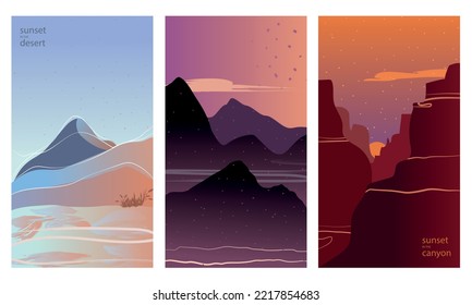 Sonnenuntergang in Bergszenen. Set von blauen, korallen, orangefarbenen und violetten vertikalen Hintergründen der Wüste mit Bergen, tiefen Bergen mit Nebel und Canyon Blick mit Sonne. Vektorgrafik im Flachstil.