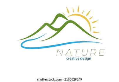 Sunset in the mountains. The sun is hiding behind the horizon. vector illustration for resort logo, travel, nature and creative ideas. Flat style