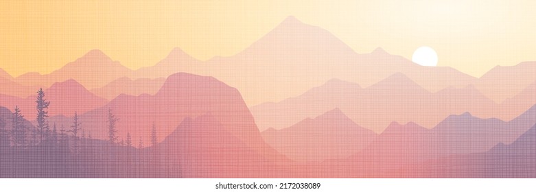 Sunset in the mountains, the sun sets behind the mountain range, panoramic view, vector illustration