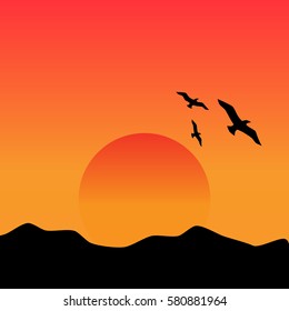 Sunset in the mountains. Vector illustration.