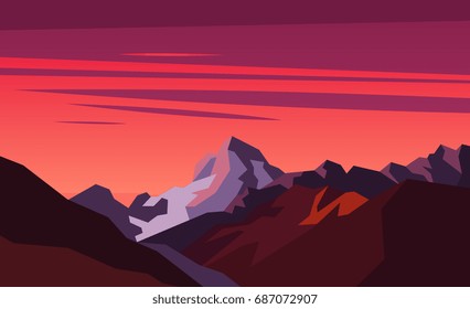 Sunset in the mountains. Vector illustration.