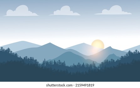 sunset in mountains Vector illustration of the pine trees forest receding into the distance on the background