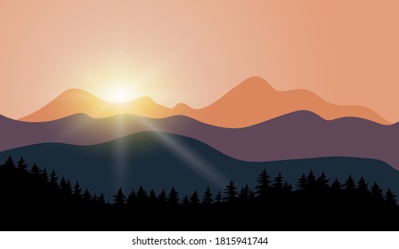 Sunset in mountains vector landscape illustration.
