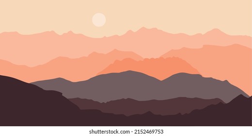 Montañas al atardecer en colores cálidos. Ilustración del vector