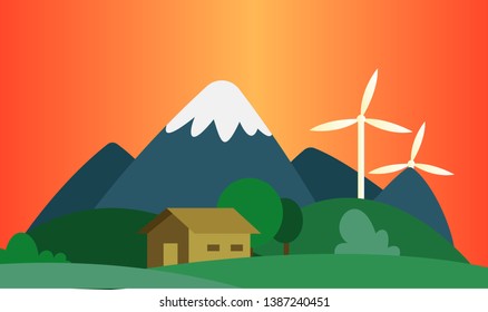 Sunset in the mountains where they use wind as a resource illustration vector on white background