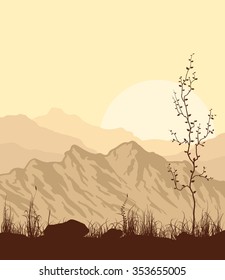 Sunset in mountains. Yellow landscape with mountain range, grass and tree. Vector illustration.