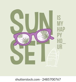 Puesta de sol es mi hora feliz y hojas de palma gafas de sol, camisetas con estampado de Diseño gráfico de moda, ilustración, Vector, carteles, tarjetas, pegatinas, taza 