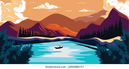 Sunset Nature Lake and Mountains Landscape Outdoor Illustration Vector