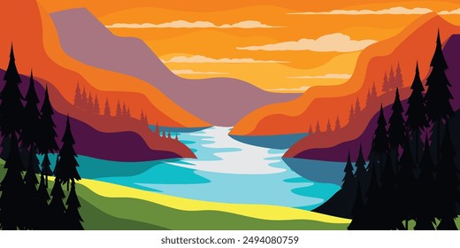 Sunset Nature Lake and Mountains Landscape Outdoor Illustration Vector