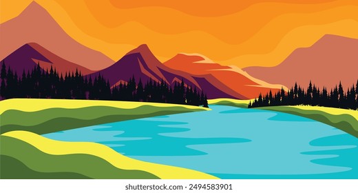 Sunset Nature Lake and Mountains Landscape Outdoor Illustration Vector