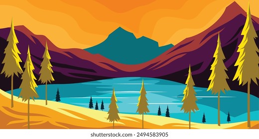 Sunset Nature Lake and Mountains Landscape Outdoor Illustration Vector