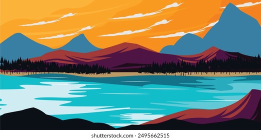 Sunset Nature Lake and Mountains Landscape Outdoor Illustration Vector