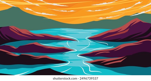 Sunset Nature Lake and Mountains Landscape Outdoor Illustration Vector