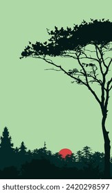 Sunset nature landscape book cover portrait wall artwort frame vector illustration jungle sunrise background wallpaper poster banner