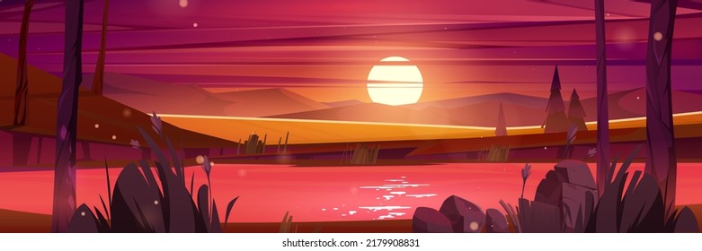 Sunset nature landscape, cartoon background trees and river at evening time. Scenery summer view with pond, spruces, grass and rocks under red sky with purple clouds natural scene, Vector illustration