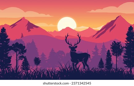 Sunset nature landscape vector, illustration with deer vector, forest, mountains