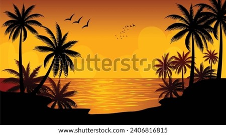 Sunset nature scene with coconut tree and sea picture design