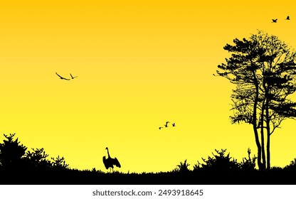 Sunset nature silhouette scenary landscape background cover poster wallpaper birds trees beautiful summer vector illustration