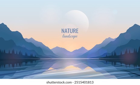 Sunset near the lake. Misty landscape with mountain ranges reflected in the water. The moon in the sky. Minimalist landscape. Vector illustration.