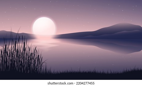 Sunset near the river. Foggy landscape. Swamp reeds, grass, cattails on the river bank. The sun sets behind the mountains. Hiking, recreation near the lake in the countryside.