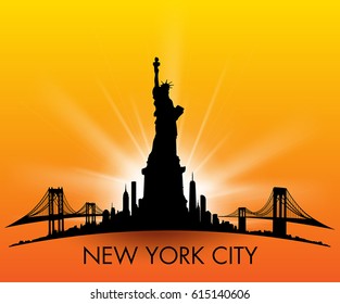 Sunset New York City skyline with Statue of liberty Vector