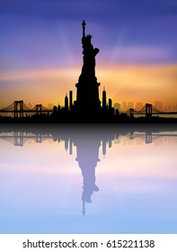 Sunset New York City skyline Statue of Liberty vector 