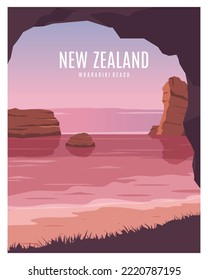 Sunset in New Zealand, Wharariki Beach illustration landscape background. vector with flat style for poster, postcard, art print.