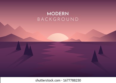 Sunset, night, morning in desert, mountains, Shadows of trees, Abstract landscape, Vector banner with polygonal landscape illustration, Minimalist style