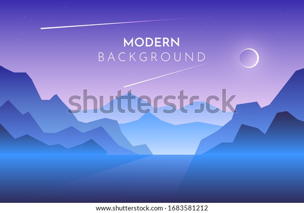 夕焼け 夜 砂漠の朝 山 抽象的な風景 多角形の風景イラスト付きベクター画像バナー ミニマリズムスタイル 青の背景 夜の背景に空の星 のベクター画像 素材 ロイヤリティフリー