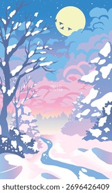 Sonnenuntergang, Winter, schneebedecktes Tal, gefrorener Fluss, verschneite Bäume
