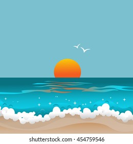 Sunset and ocean. Abstract seascape. Retro card with sun below the horizon of azure waves. Copy space. Vector illustration.