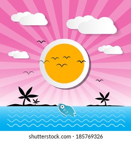 Sunset Ocean Background with Sun, Palm, Island, Clouds and Fish