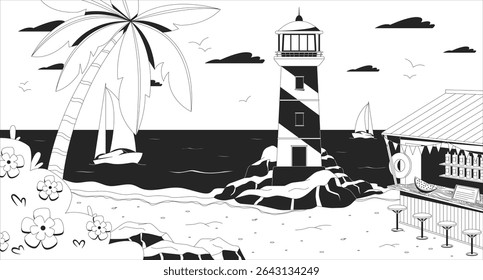 Sunset ocean bay lighthouse with beach bar lofi illustration outline. Sailing boats, palm tree. Coastal beacon tropical shore 2D ink linear flat lo fi drawing. Vector line art aesthetic wallpaper