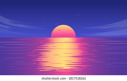 Sunset in ocean - Big red and yellow sun going down in the sea while the water is reflecting the sunlight. Midnight sun in the late evening while the sun is going down concept. Vector illustration.