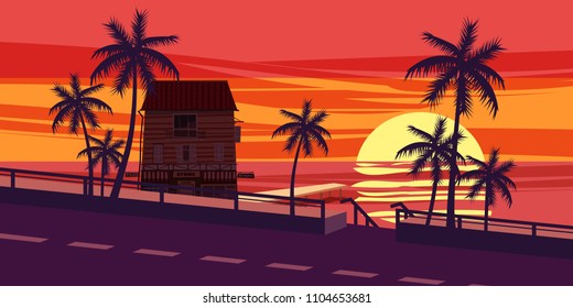 Sunset, ocean, evening, palm trees sea shore, vector, illustration, isolated, cartoon style