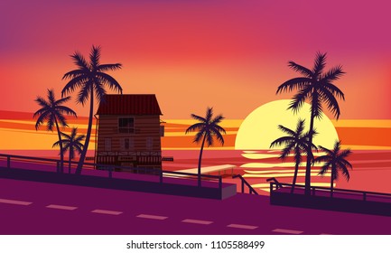 Sunset, ocean, evening, palm trees sea shore, vector, illustration, isolated, cartoon style