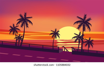 Sunset, ocean, evening, palm trees sea shore, vector, illustration, isolated, cartoon style