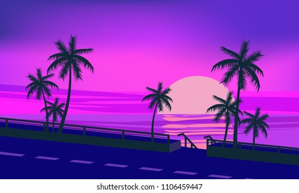 Sunset, ocean, evening, palm trees sea shore, vector, illustration, isolated, cartoon style