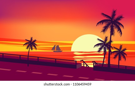 Sunset, ocean, evening, palm trees sea shore, vector, illustration, isolated, cartoon style