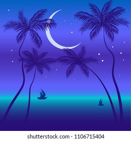 Sunset, ocean, evening, palm trees sea shore, vector, illustration, isolated, cartoon style