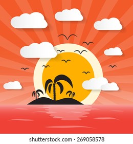 Sunset Ocean Illustration with Island and Palm
